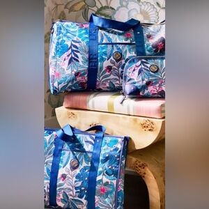 NWT LILLY PULITZER GWP 3 PIECE SET BREEZY AQUA BEST FRONDS FOREVER DUFFLE TOTE